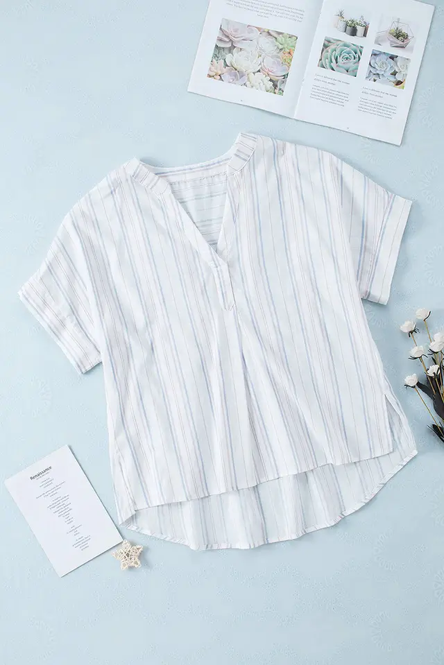 Women's Thin Cotton Striped Pullover Summer Pleated Loose V neck Short Sleeve Top Lc2553384 Stripes - Shop at LoveMi