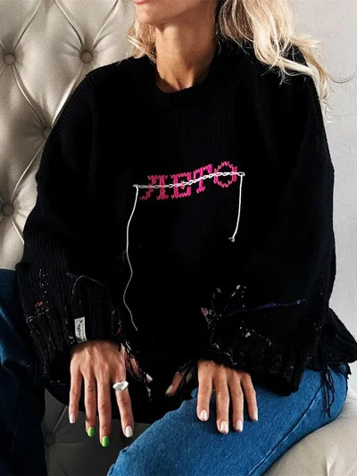 Women's Round Neck Knitted Autumn And Winter Letter Embroidery Contrast Color Design Sweater Black - Shop at LoveMi