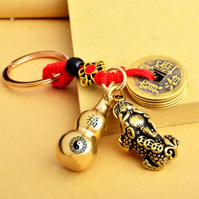 Brass Gourd Zodiac Keychain Vintage Pi Xiu Pendant Qing Dynasty Five Emperors' Coins Free Cinnabar Small Jewelry Factory Gossip Gourd - Shop at LoveMi