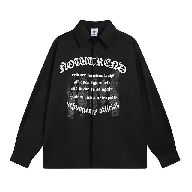 Dark Letter Printed Long sleeved Shirt Spring And Autumn Casual Polo Collar Coat Japanese Loose Black - Shop at LoveMi