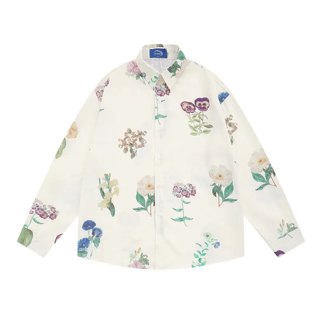 Flower Print Long sleeved Shirt Trendy Fashion Loose Casual Breathable Quick drying Thin Top Beige - Shop at LoveMi