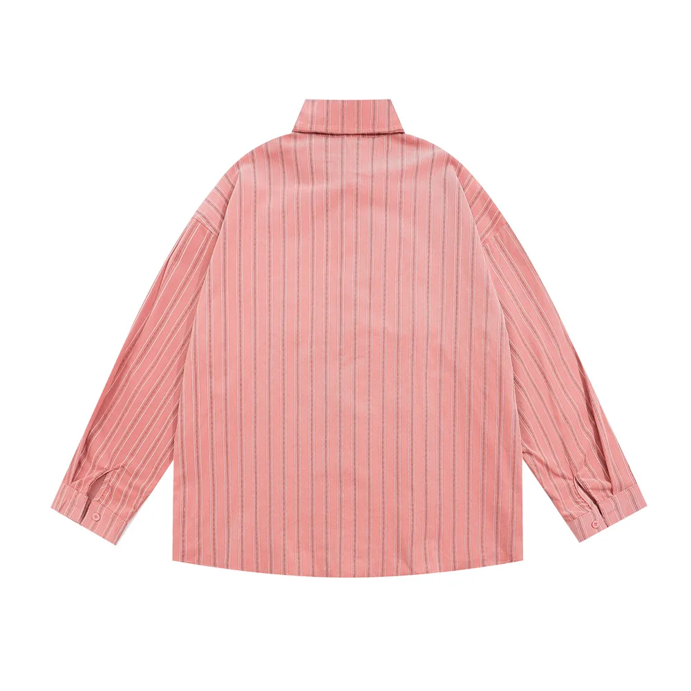Cartoon Embroidered Vertical Stripes Long Sleeve American Street Fashion Casual Loose Lapels Shirt Pink - Shop at LoveMi