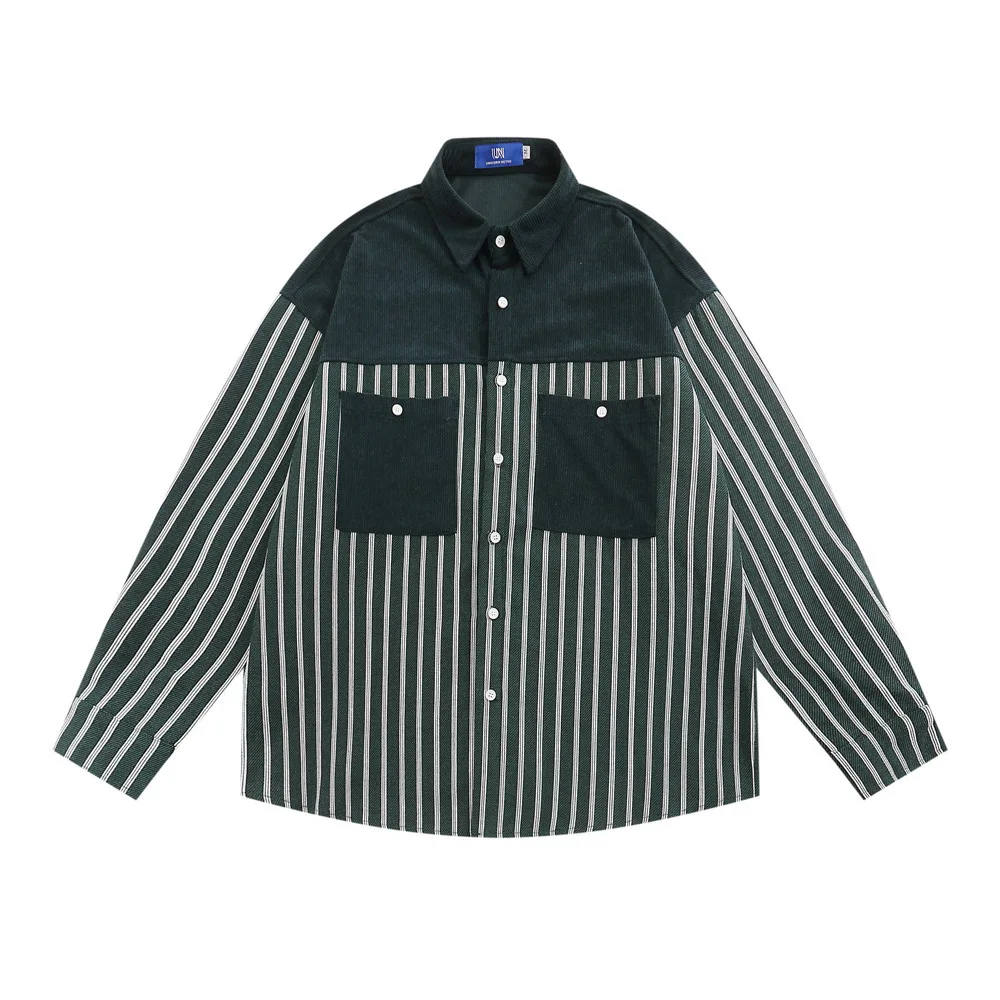 Vertical Stripes Stitching Long-sleeved Shirt Contrast Colour Pocket Casual Loose Lapels Top - Green