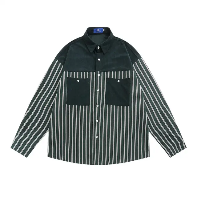 Vertical Stripes Stitching Long sleeved Shirt Contrast Color Pocket Casual Loose Lapels Top Green - Shop at LoveMi