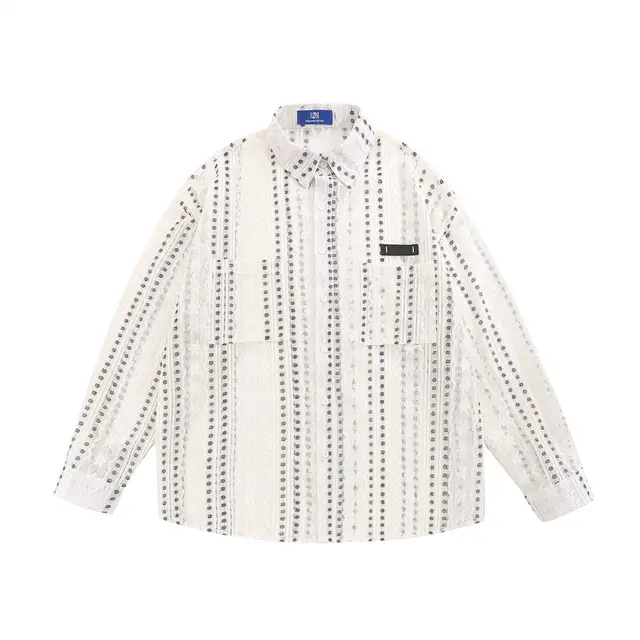 Lace Hollow Out Long Sleeve Shirt Polka Dot Striped Jacquard Loose fitting Top White - Shop at LoveMi