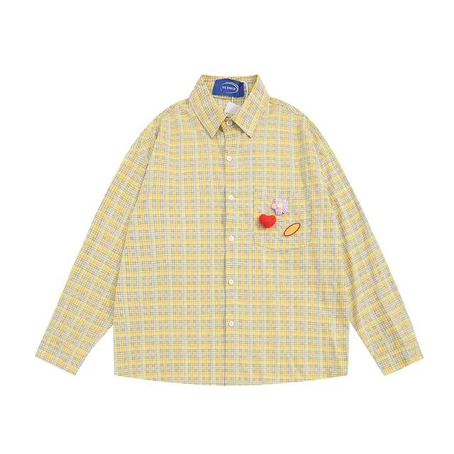 Fine Plaid Long sleeved Shirt Casual Loose Personality Design Pocket Cardigan Top Yellow - Shop at LoveMi