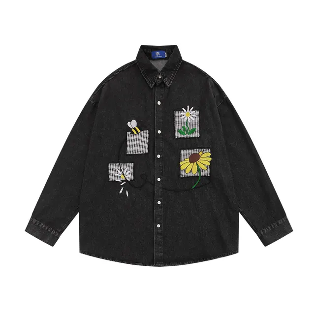 Floral Embroidery Denim Washed Long Sleeve Shirt Coat Loose Casual Polo Collar Top Black - Shop at LoveMi