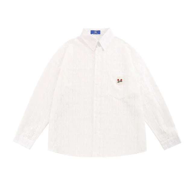 Hollow Out Lace Long Sleeve Shirt Loose Casual Jacket White - Shop at LoveMi
