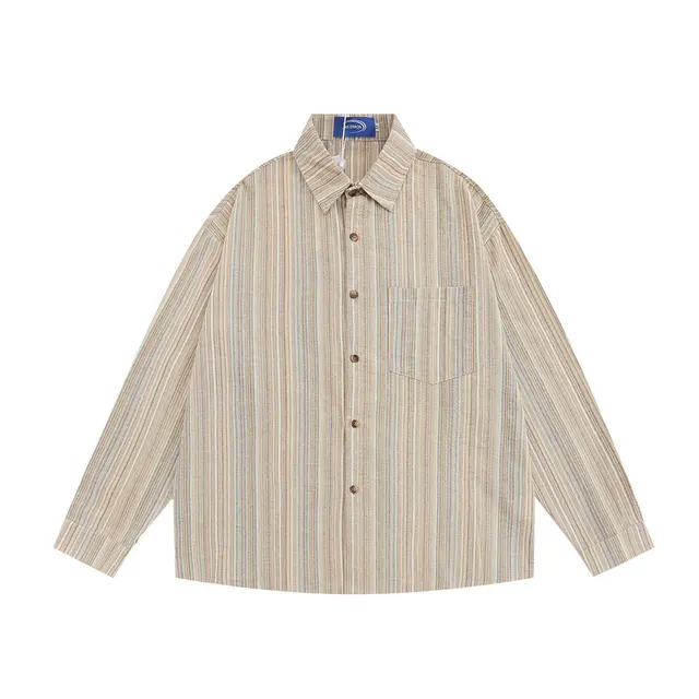 Vertical Striped Long Sleeve Shirt Loose Casual Trendy American Cardigan Top Khaki - Shop at LoveMi
