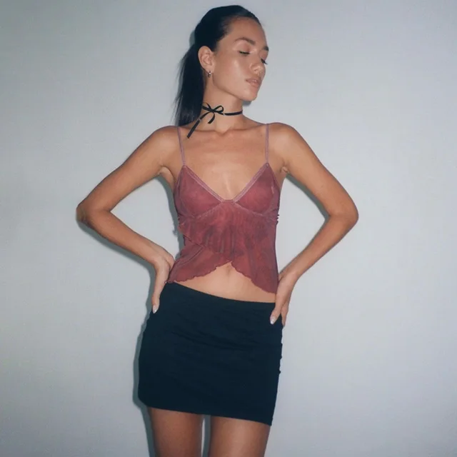 Knitted V neck Printed Camisole Midriff baring Top Red - Shop at LoveMi