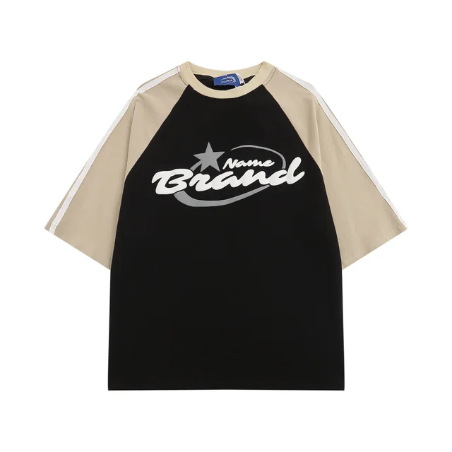 American Retro Contrast Color Letter Print Loose Short Sleeve Black - Shop at LoveMi