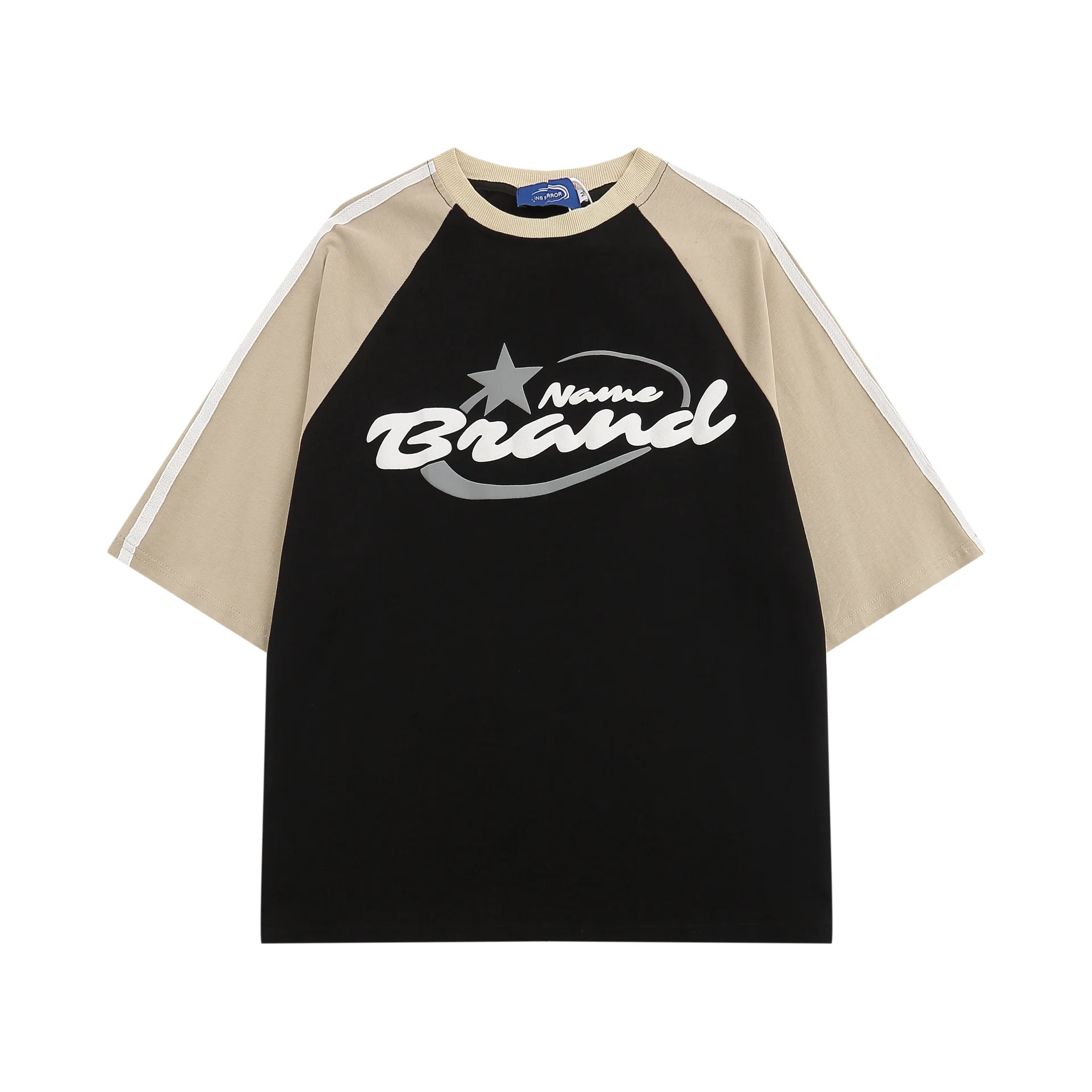 American Retro Contrast Colour Letter Print Loose Short Sleeve - Black