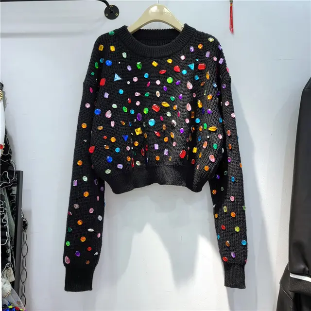 French Heavy Industry Color Diamond Sweater Women's Autumn And Winter Clothing Loose Short Sweater Black - Shop at LoveMi