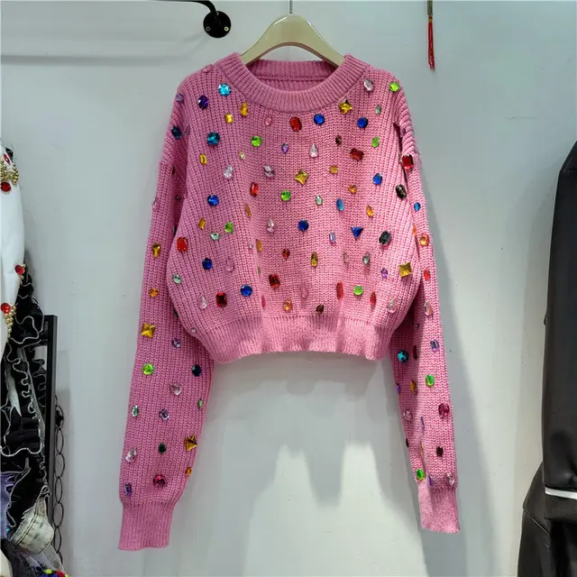 French Heavy Industry Color Diamond Sweater Women's Autumn And Winter Clothing Loose Short Sweater Pink - Shop at LoveMi