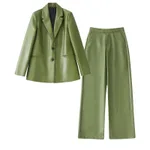 Women's Casual Loose Fitting Suit Pants Faux Leather Set - Suit-L