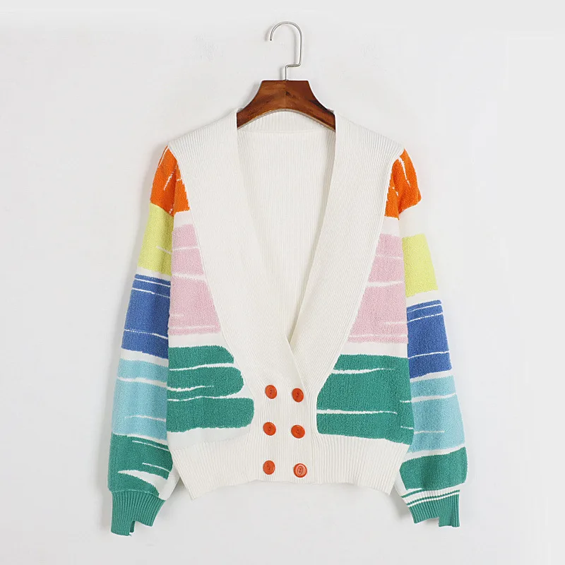 Women's Color Striped Sweater Contrast Color Double Breasted Color - Shop at LoveMi