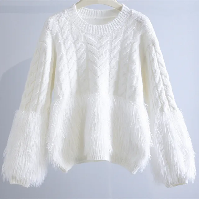 Cable knit Sweater Women's Design Sense Loose White - Shop at LoveMi