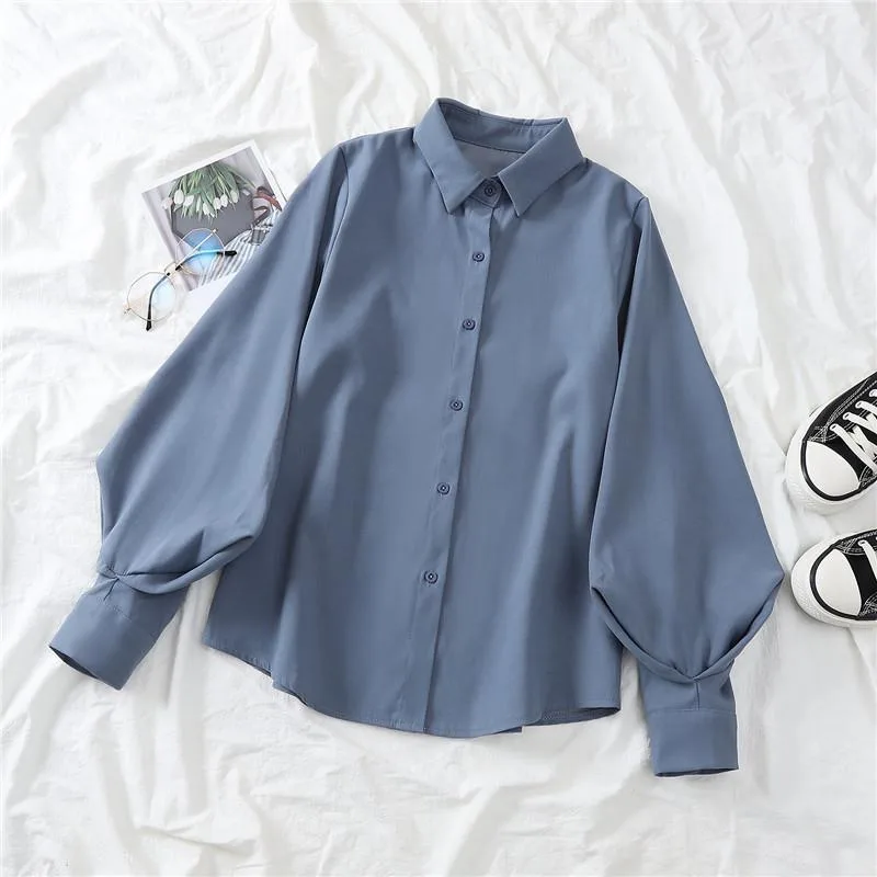Lantern Sleeve Shirt Design Sense Niche Loose Long Sleeve Lapel Top Blue - Shop at LoveMi