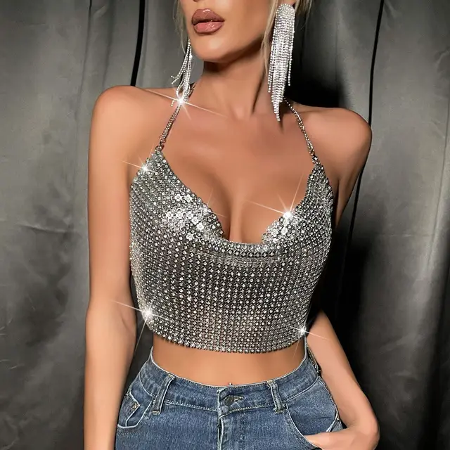Metal Sequins Sling Party Nightclub Music Festival Sexy Hot Girl Top Silver - Shop at LoveMi