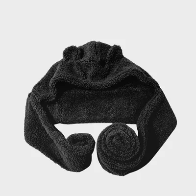 Cute Bear Hat Scarf Integrated Women's Autumn And Winter Plush Thickened Hat Scarf Integrated Three piece Suit Black - Shop at LoveMi