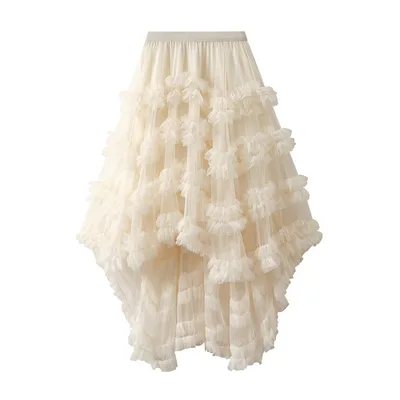Elastic Waist Fairy Mesh Skirt Puffy Irregular Ruffled Tiered Dress Apricot - Shop at LoveMi