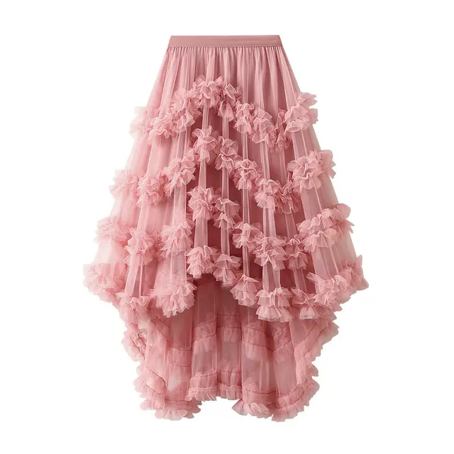 Elastic Waist Fairy Mesh Skirt Puffy Irregular Ruffled Tiered Dress Pink - Shop at LoveMi