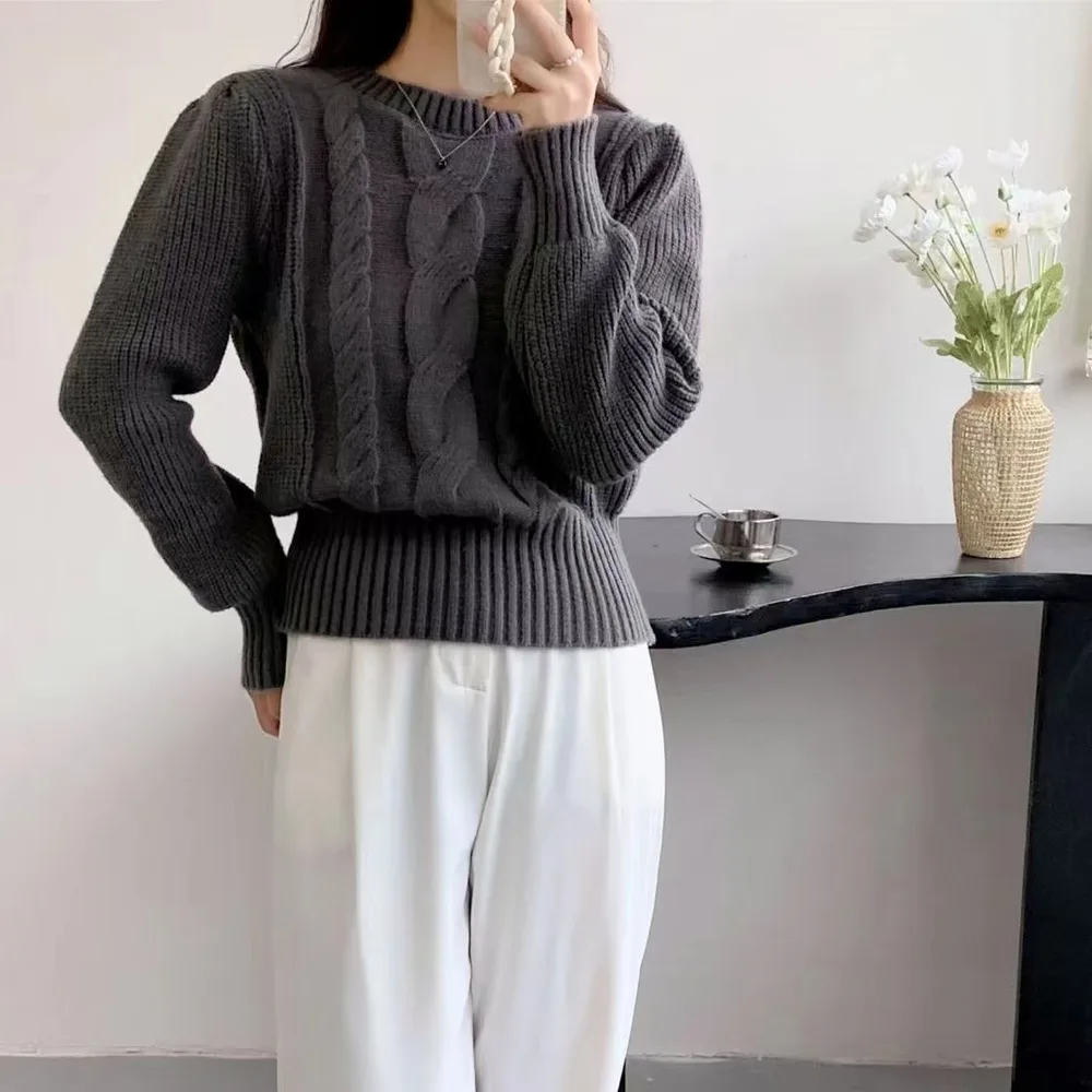 European And American Solid Color Knitwear Autumn Winter Japanese New Round Neck Pullover Lantern Sleeve Cable knit Sweater Gray - Shop at LoveMi