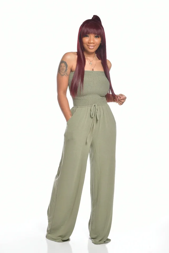 Women's Clothing Casual Square Shoulder Chest wrapped Wide leg Jumpsuit Army Green - Shop at LoveMi