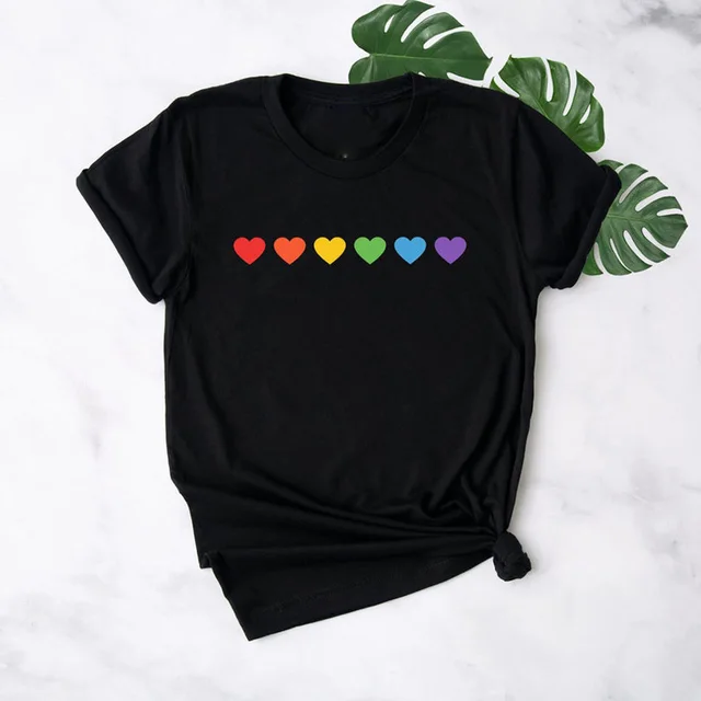 Colorful Heart Print European And American Urban Casual Simple Style T shirt Polyester Black - Shop at LoveMi