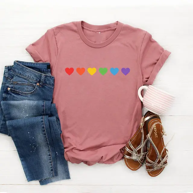 Colorful Heart Print European And American Urban Casual Simple Style T-shirt - Polyester Pink Hf48