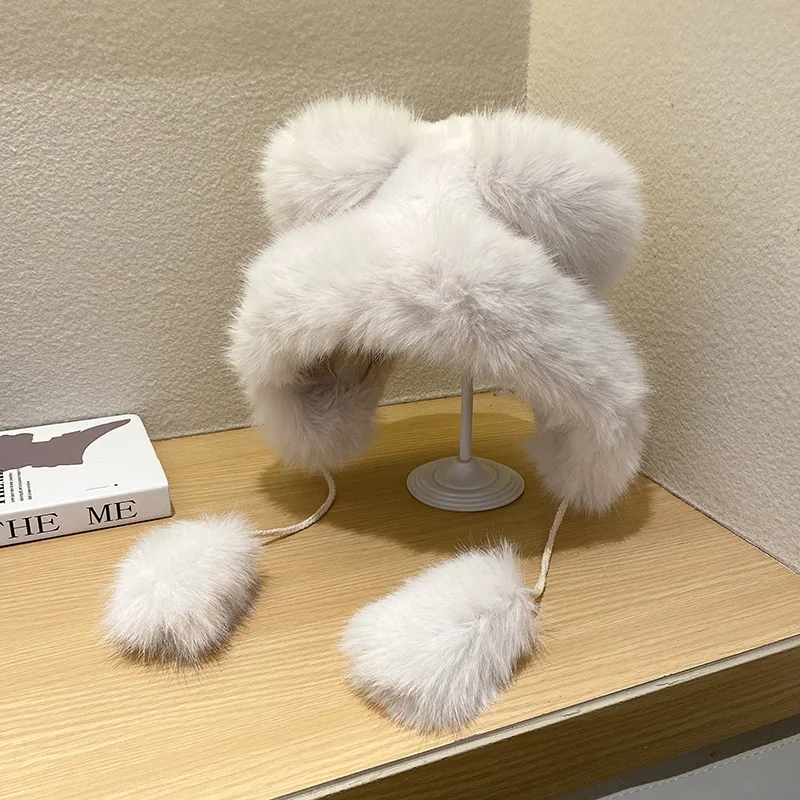 Cute Fluffy Warm Earflaps Cap Female Winter - White