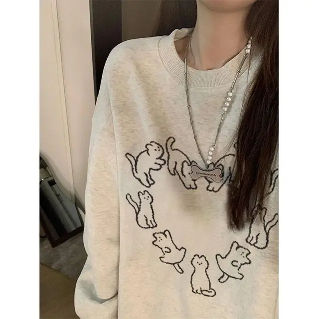 Loose Slimming Casual All match Round Neck Sweater Light Gray Cotton Plus Velvet - Shop at LoveMi