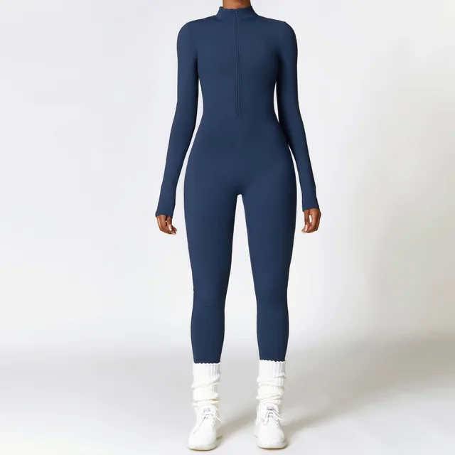 Winter Fleece lined Yoga Jumpsuit Long Sleeve Warm Badge Blue - Shop at LoveMi
