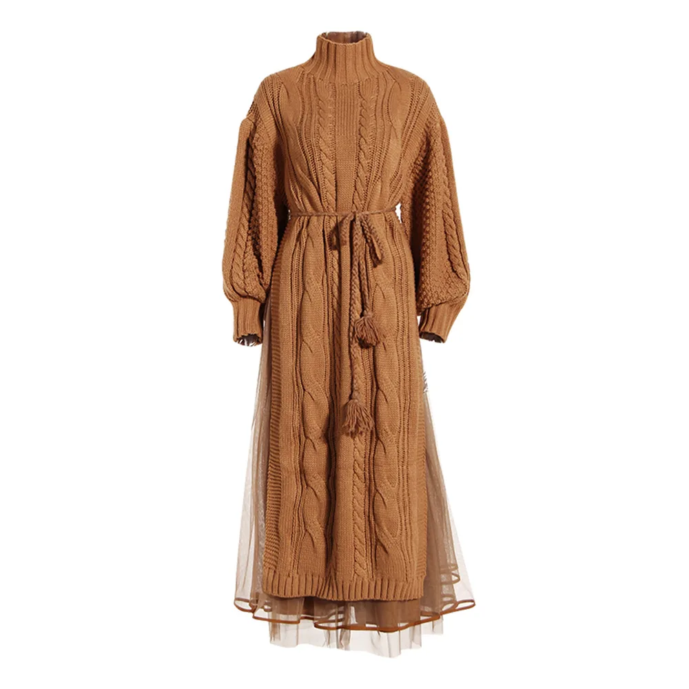 Long Stand up Collar Lantern Sleeve Sweater Skirt Two piece Set Sweater Camel - Shop at LoveMi
