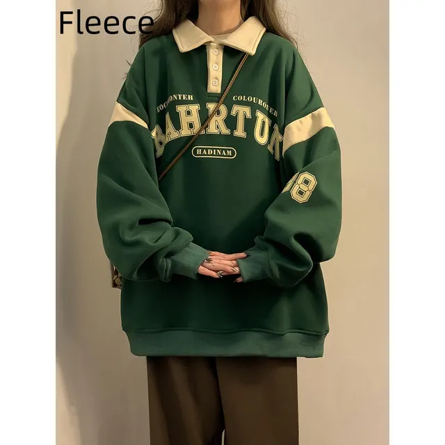 Fat American Retro Polo Collar Sweater Women's Autumn And Winter Velvet Padded Thickened Top Slimming Slim Fit Coat Plus Size Dark Green Fleece - Shop at LoveMi