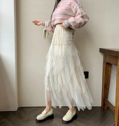 Irregular High Waist Tulle Tutu Tiered Ruffle Long Dress Apricot - Shop at LoveMi