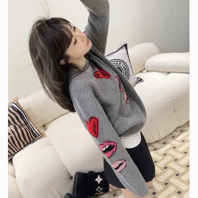 Heavy Handmade Jacquard Pattern Cashmere Round Neck Knitted Sweater For Women Gray - Shop at LoveMi