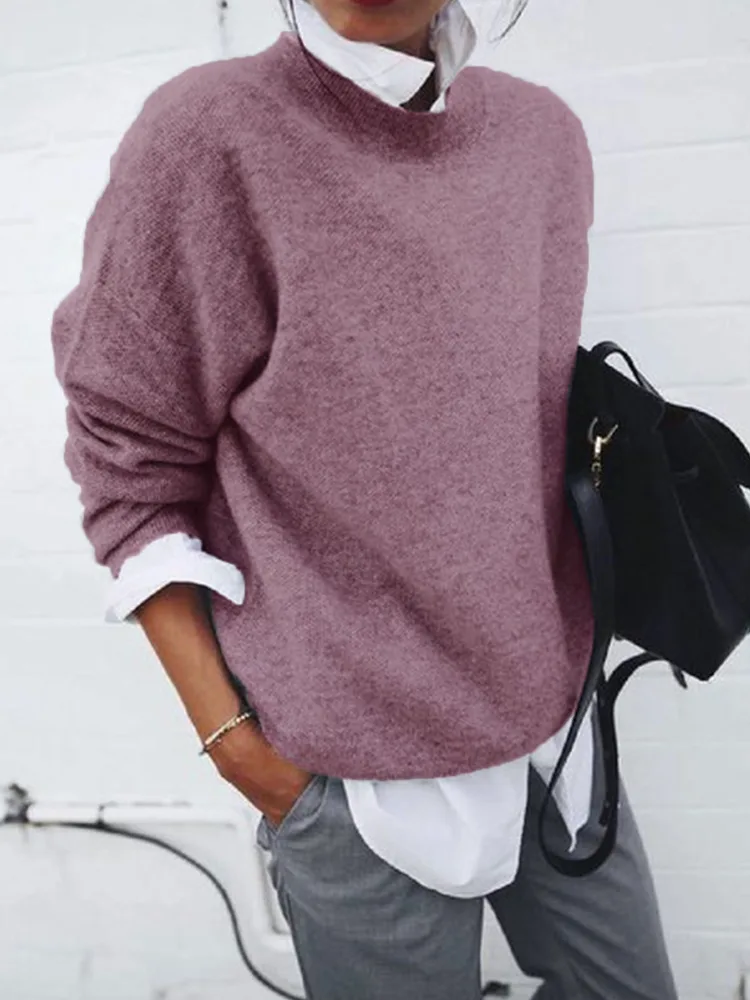 Fashion Long Sleeve Pullover Sweater Fall And Winter Fashion Solid Color Knitted Tops For Women Clothing Pink - Shop at LoveMi