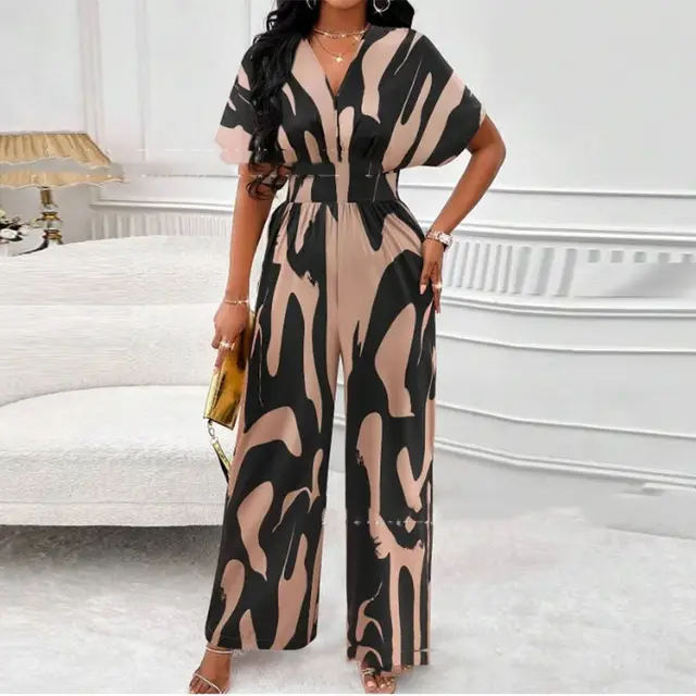 V neck Loose Printed Long Jumpsuit Khaki - Shop at LoveMi