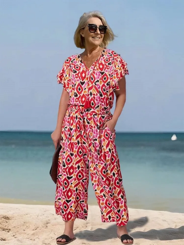 Loose Short Sleeve V neck Printed Jumpsuit L Color - Shop at LoveMi