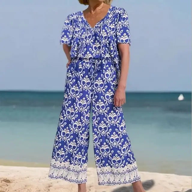 Commuter Loose Printed V neck Jumpsuit Blue - Shop at LoveMi