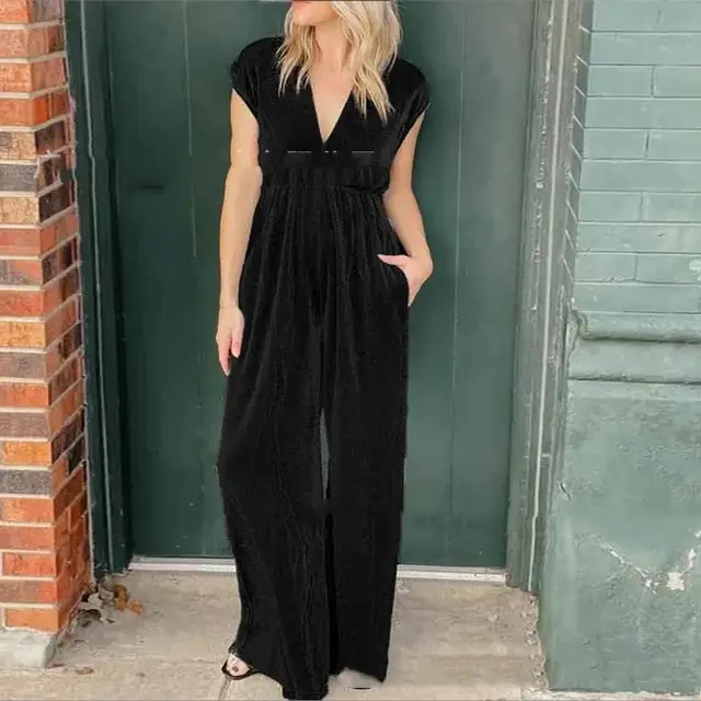 V neck Short sleeved High Waist Long Jumpsuit Black - Shop at LoveMi