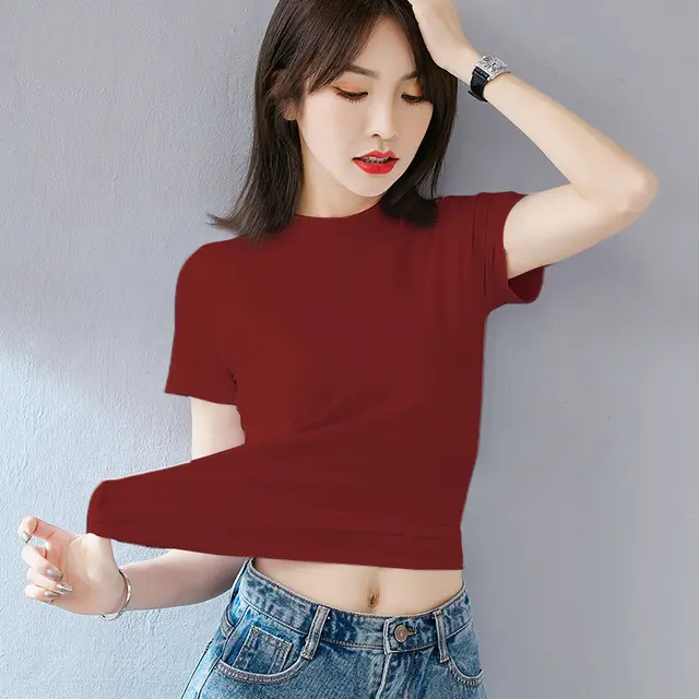 Women's Summer Slim Fit Autumn Korean Style Short Sleeve Cotton Brick Red - Shop at LoveMi