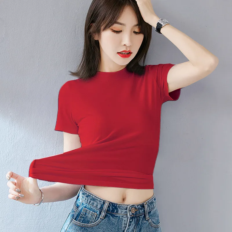 Women's Summer Slim Fit Autumn Korean Style Short Sleeve Cotton Red - Shop at LoveMi