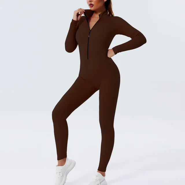 Zipper Thread Yoga Bodysuit Seamless Yoga Clothes Brown - Shop at LoveMi