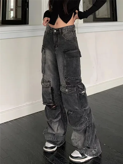 American Street Multi pocket Workwear Jeans For Women Black - Shop at LoveMi