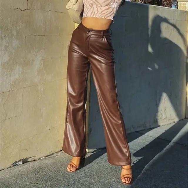 Women's High Elastic PU Leather Pants Leggings Brown - Shop at LoveMi