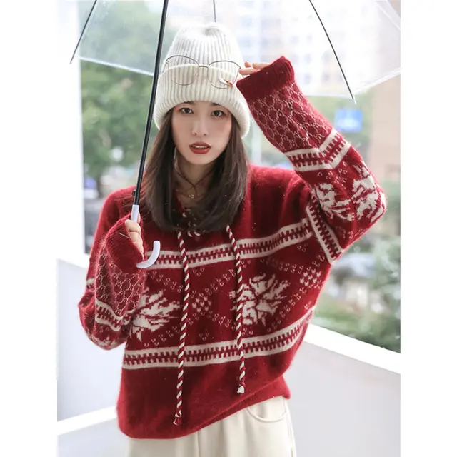 100 Pure Wool Sweater Thicken Lazy Style Base Hooded Sweater Danish Fairy Tale Red - Shop at LoveMi