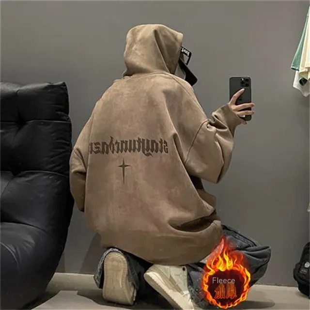 Burgundy Suede Hoodie With Men's Extra Fleece Khaki And Velvet - Shop at LoveMi