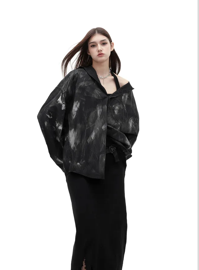 Niche Heavy Industry Distressed Brushed Loose Profile Shirt Black - Shop at LoveMi
